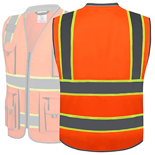 JKSafety 10 Pockets Class 2 Hi-Vis Zipper Front Safety Vest | Cushioned Collar | High Reflective Tapes with Extended Neon Yellow Strips | Meets ANSI/ISEA Standards (3X-Large, 89-Orange) - Image 5