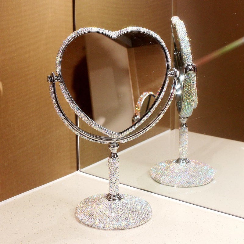 Bestbling Luxury Bling Double-Sided Tabletop Makeup Mirror, Heart Shape Metal Makeup Mirror with 1:2 Magnifying Mirror, Rotating Mirror (Silver)