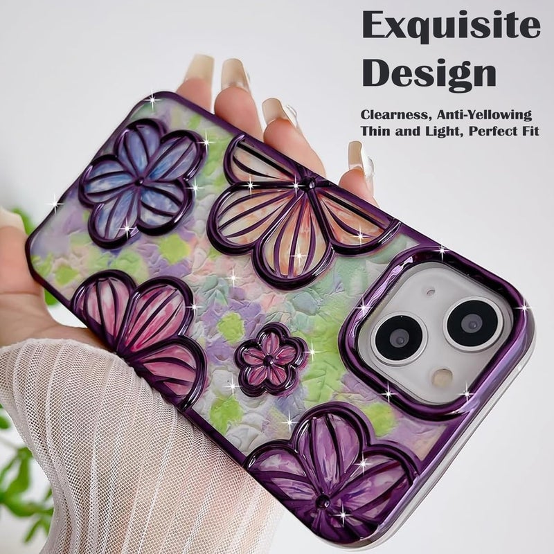 Mobistyle Designed for iPhone 13 Cover| Electroplating Bling Colourful Floral 3D TPU Camera Protection Back Cover Case for Women Girls (Purple) - Image 2