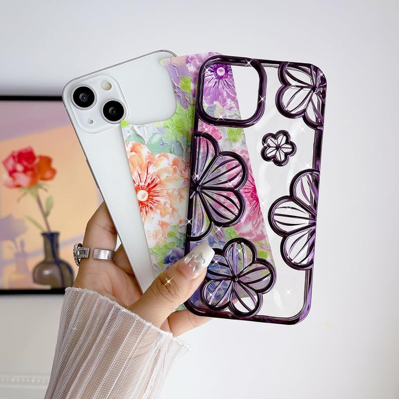 Mobistyle Designed for iPhone 13 Cover| Electroplating Bling Colourful Floral 3D TPU Camera Protection Back Cover Case for Women Girls (Purple) - Image 3