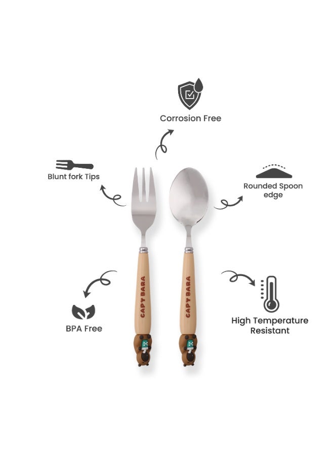 CRAVISTA CapyBara Design Kids Cutlery Set with Case - 2-Piece Stainless Steel BPA Free Cutlery Set Includes Spoon, Fork and Case for Lunch Box, Picnic and Travel (Brown w/Cup) - Image 2