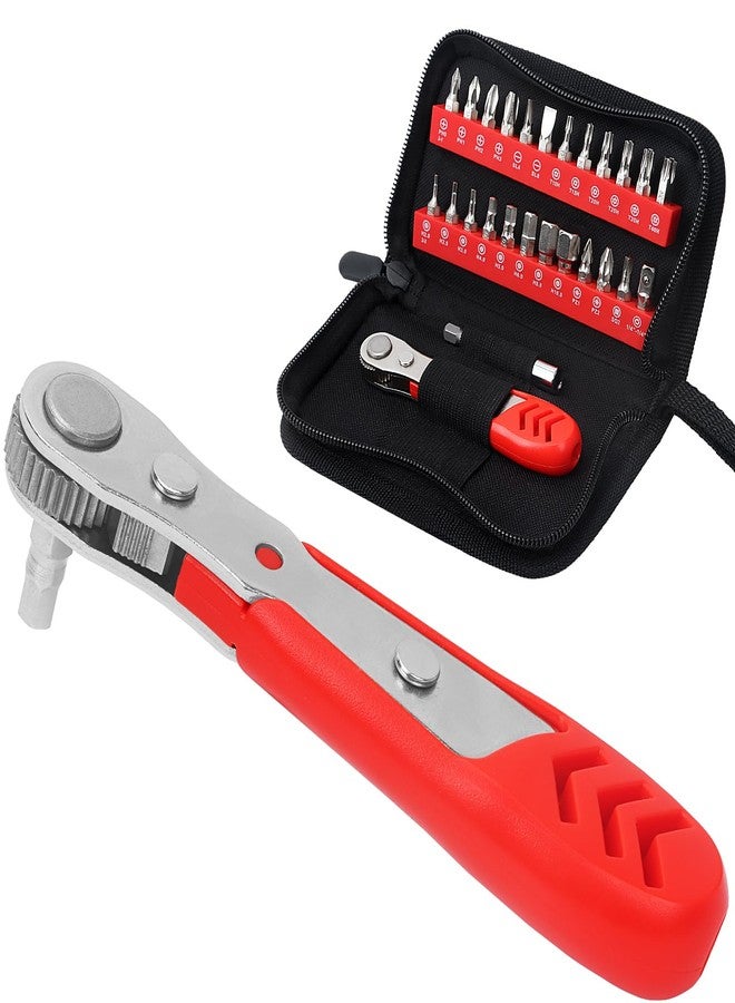 STREBITO Right Angle Screwdriver Low Profile 26 Piece Small Ratchet Set, Stubby Ratchet 90 Degree Ratcheting Screwdriver Set, Mini 1/4 Bit Ratchet EDC Tool Angled Screwdriver for Tight Spaces, Bike - Image 1