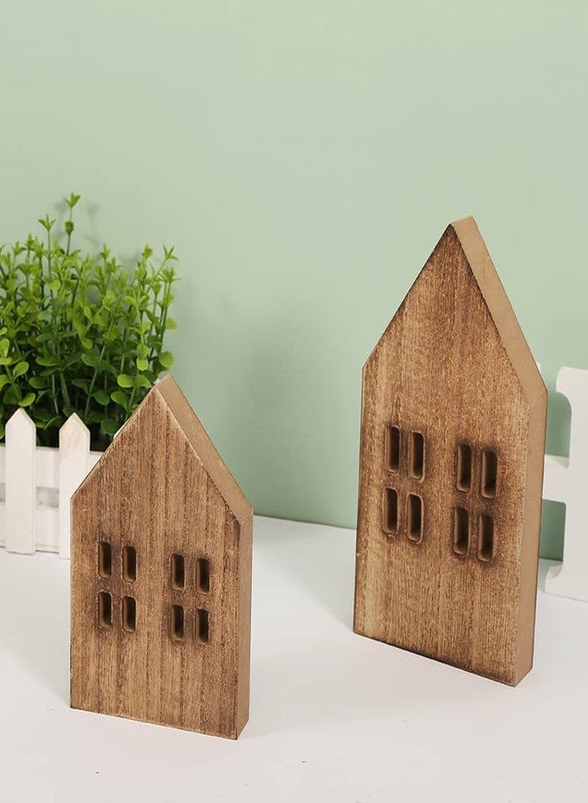 iMagitek 2 Pack Block Farmhouse Home Wooden Sign House Shaped Wooden Sign Tiered Tray Decor for Home Room Table (Brown) - Image 2