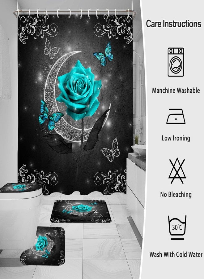 EGLGCC Teal Turquoise Shower Curtain Bathroom Sets Black Grey Aqua Floral Flower Cute Dark Rose Moon Butterfly Unique Aesthetic Elegant 60"x72" Non-Slip Rugs Toilet Lid Cover U Shaped Mat Fabric 4 Pcs - Image 5