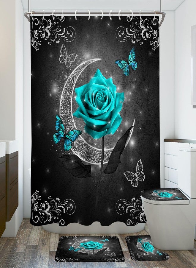 EGLGCC Teal Turquoise Shower Curtain Bathroom Sets Black Grey Aqua Floral Flower Cute Dark Rose Moon Butterfly Unique Aesthetic Elegant 60"x72" Non-Slip Rugs Toilet Lid Cover U Shaped Mat Fabric 4 Pcs - Image 1
