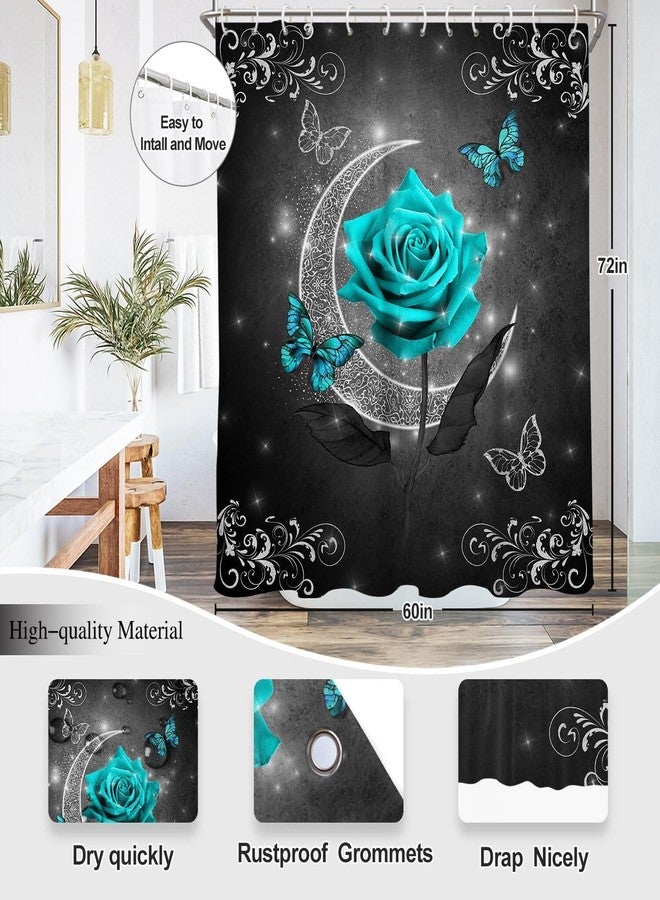 EGLGCC Teal Turquoise Shower Curtain Bathroom Sets Black Grey Aqua Floral Flower Cute Dark Rose Moon Butterfly Unique Aesthetic Elegant 60"x72" Non-Slip Rugs Toilet Lid Cover U Shaped Mat Fabric 4 Pcs - Image 4