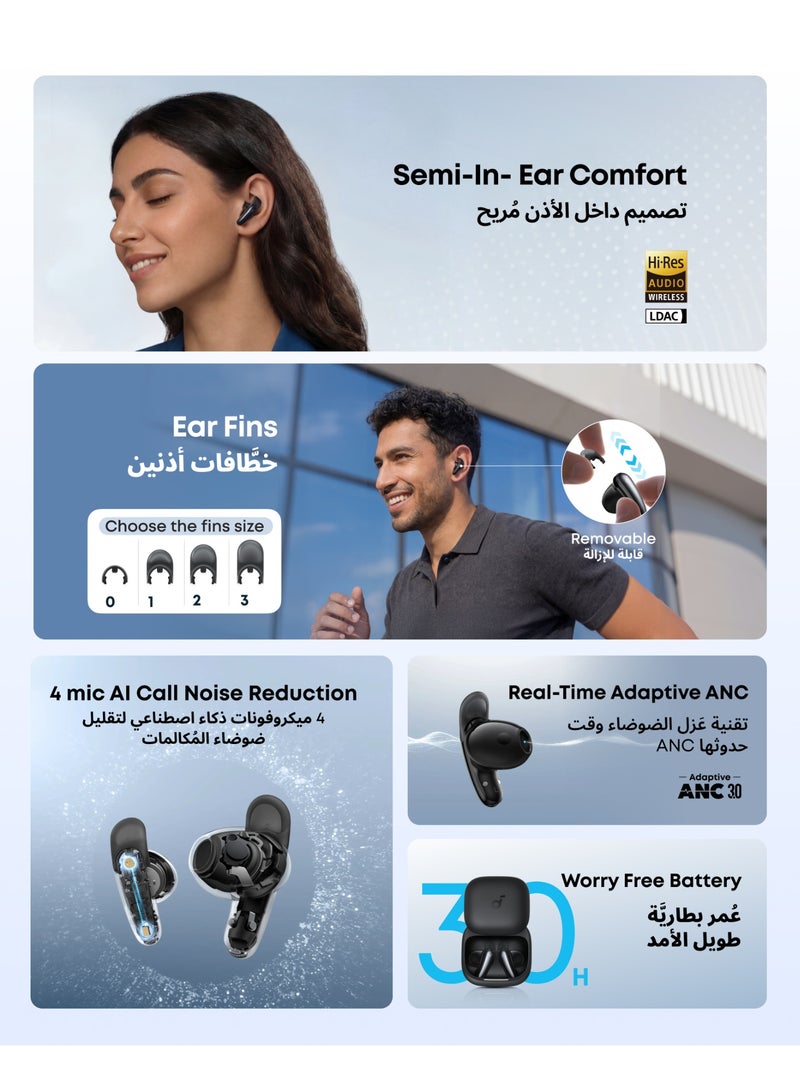 Soundcore Liberty Buds by Anker, Semi-In-Ear Design, Removable Ear Fins, Real-Time Adaptive Noise Cancelling, Fast Charging, Wireless Bluetooth Earbuds,Translation Earbuds, 30H Playtime Black - Image 2