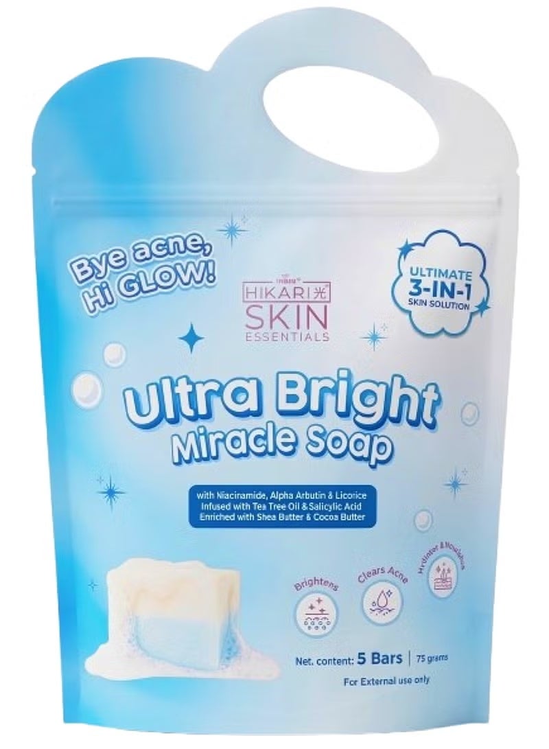 BYE acne Hi GLOW HIKARI SKIN ESSENTIALS ULTRA BRIGHT MIRACLE SOAP 5BARS/75GRAMS EACH