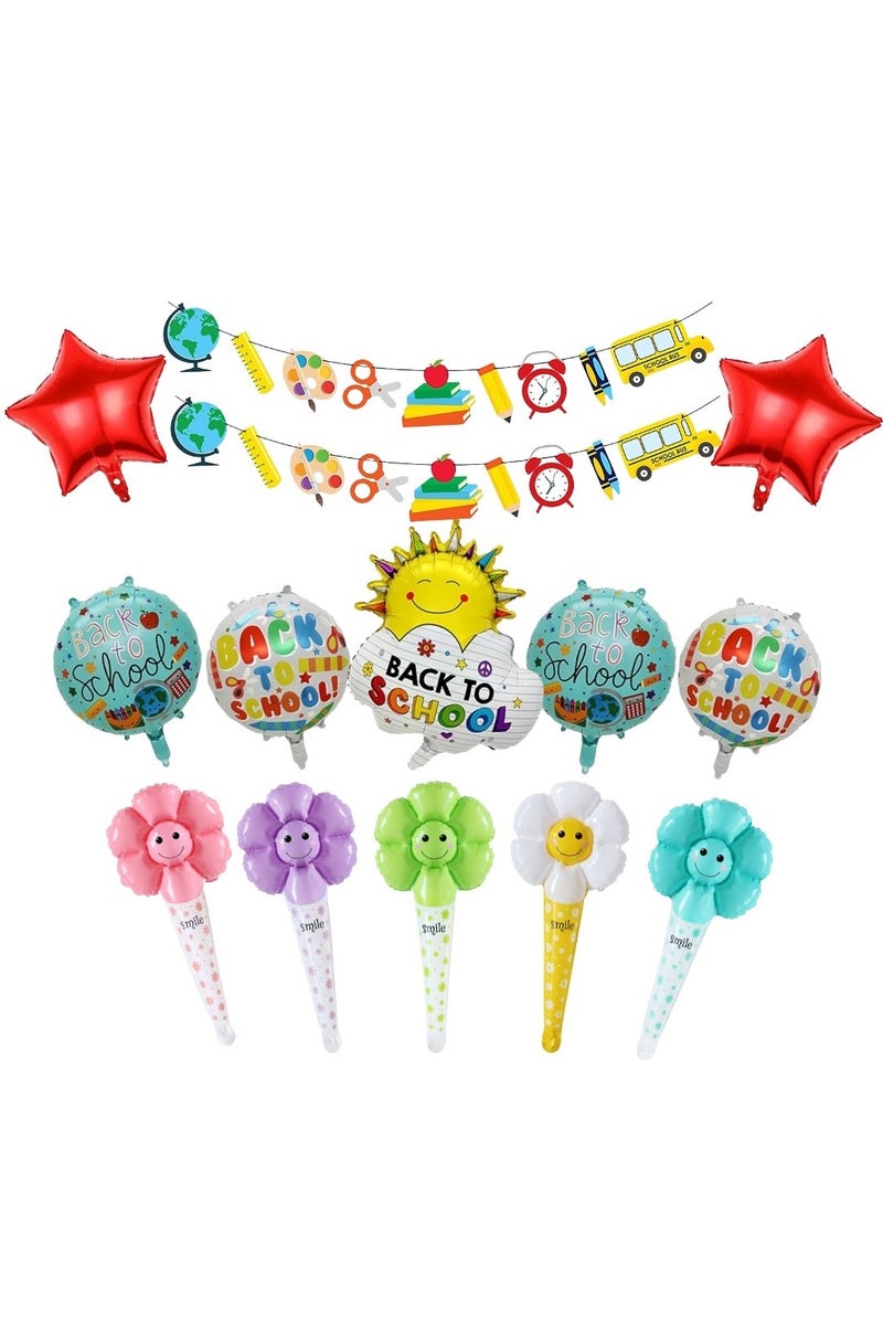 لافتات العودة إلى المدرسة مع 12 رقائق معدنية متعددة الألوان كبيرة الحجم بالونات لتزيين حفلات الترحيب باليوم الأول من المدرسة