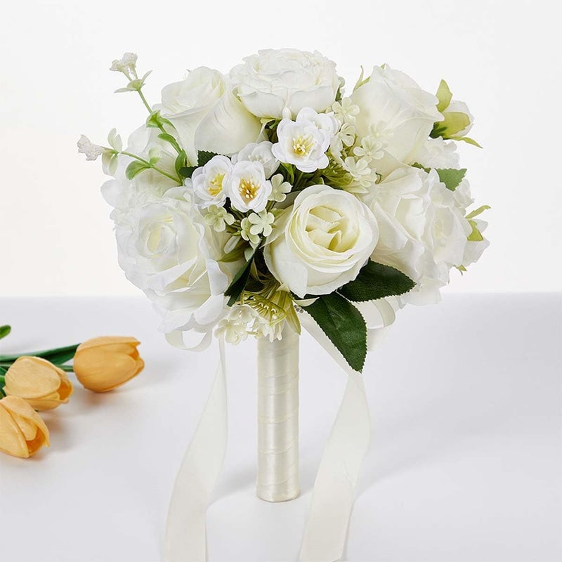 CYANLUX باقة زفاف للعروس ووصيفات العروس، باقة من الورود الاصطناعية باللون الأبيض الشمبانيا لحفلات الزفاف وعيد الحب وتزيين الكنيسة والمنزل... (وردة بيضاء) - Image 5