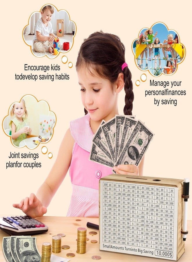 FOLENCER Wooden Money Saving Box, Piggy Bank for Adults & Kids, Coin Bank for Boys & Girls, 10000 Savings Challenge Box with Financial Goals & Progress Tracker, Perfect Financial Gift (7 Amounts, Wood) - Image 3