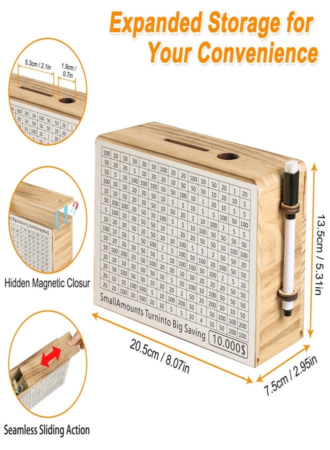 FOLENCER Wooden Money Saving Box, Piggy Bank for Adults & Kids, Coin Bank for Boys & Girls, 10000 Savings Challenge Box with Financial Goals & Progress Tracker, Perfect Financial Gift (7 Amounts, Wood) - Image 2
