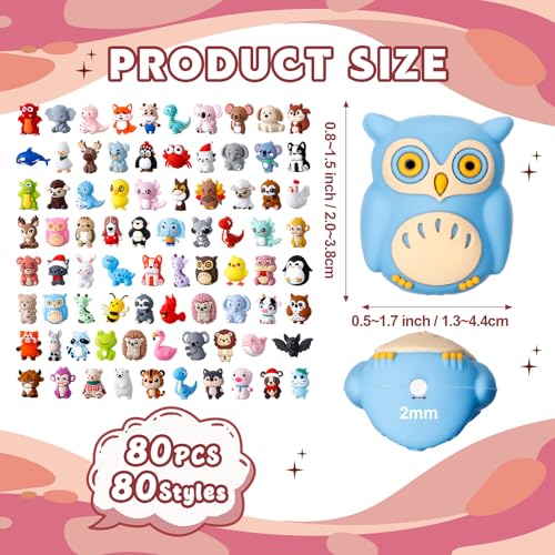 Ferreve 80 Pcs 3D Animal Silicone Focal Beads for Pens, Keychain Making, Focal Beads Bulk for Beadable Keychain DIY Crafts Bracelet Necklace Phone Chain Charms Jewelry Making (Cute Style) - Image 3