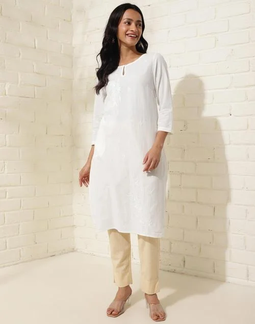 Fabindia Off White Cotton Chikankari Knee Length Kurta