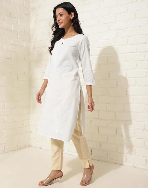 Fabindia  Off White Cotton Chikankari Knee Length Kurta for Women | Best Price UAE