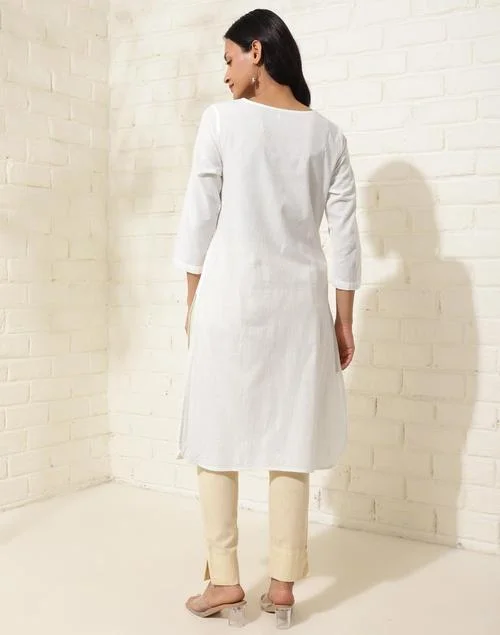 Fabindia  Off White Cotton Chikankari Knee Length Kurta for Women | Best Price UAE