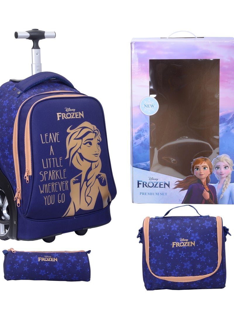 Disney FROZEN طقم حقائب ترولي بعجلات كبيرة مكون من 3 قطع من ديزني فروزن للفتيات - حقائب سفر مدرسية مع حقيبة ظهر، حقيبة غداء وحافظة أقلام - تصميم إلسا وآنا - Image 1