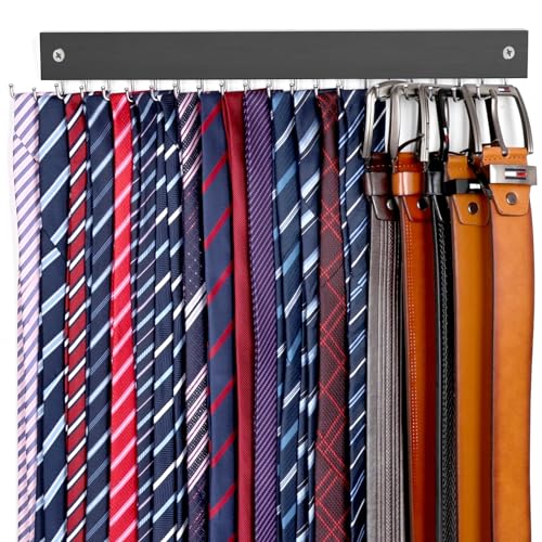 OTECKK 2 in 1 Tie Rack Belt Organizer Wall Mounted Space Saving Tie Hanger for Closet with 20 Storage Hooks Belt Holder for Closet Organizer Storage - Image 1