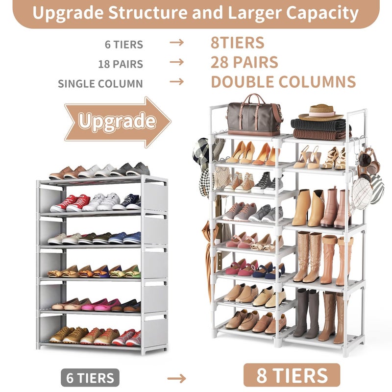 ROJASOP White Shoe Rack, Tall Metal Shoe Rack Organizer for Entryway Closet Garage, 8 Tier Large Shoe Shelf for 26-32 Pairs Boots & Shoes Storage, Space Saving Heavy Duty Shoe Stand - Image 3