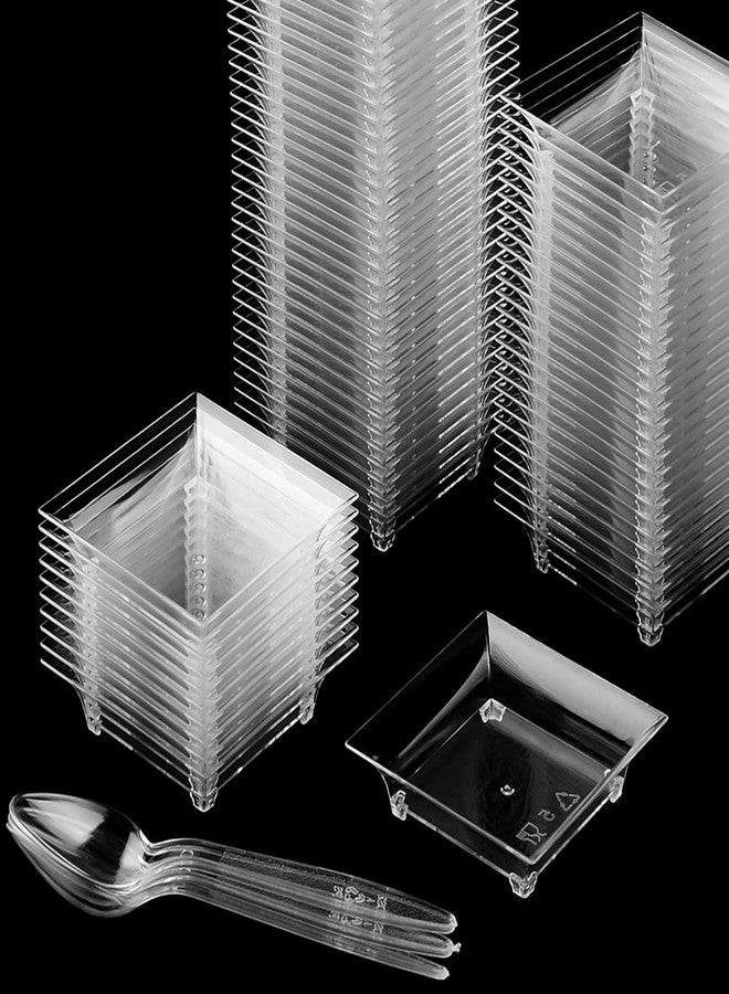 TOFLEN 100ct Mini Dessert Plates with Tasting Spoons, 2.5 Inch Small Reusable Clear Plastic Square Party Serving Hors D'oeuvres Plates for Appetizers (Square) - Image 2