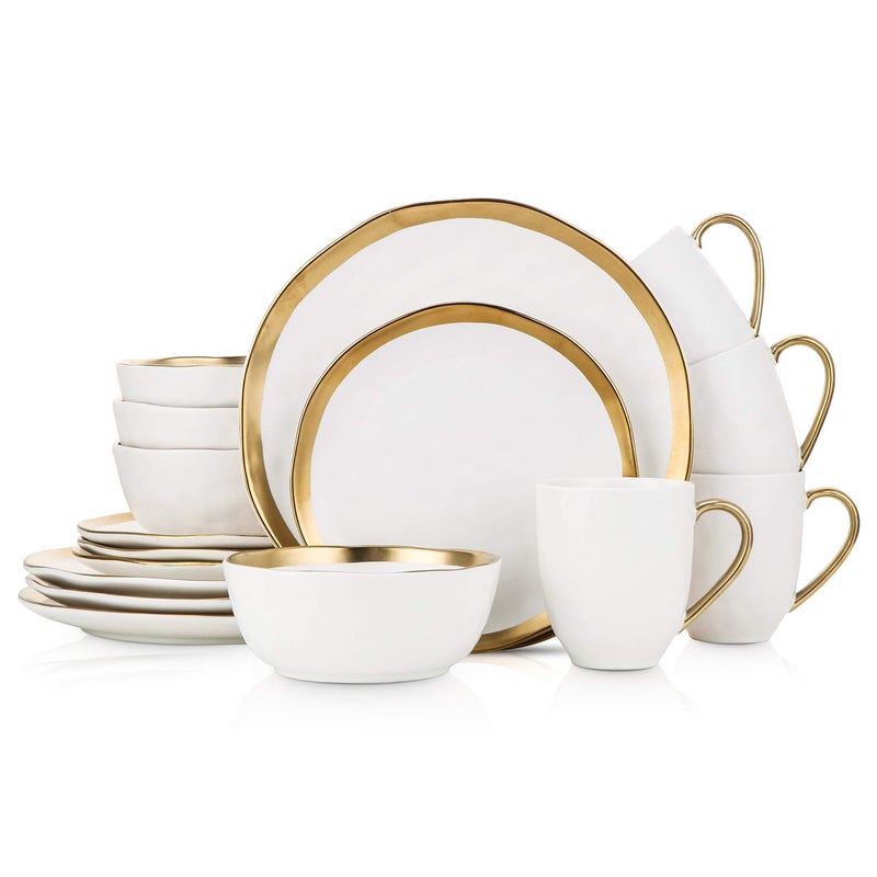 Stone Lain Modern Poreclain 16 Piece Dinnerware Set, Plates and Bowls Set, Dish set for 4, White And Golden Rim - Image 1