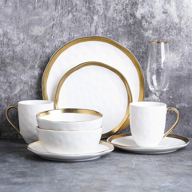 Stone Lain Modern Poreclain 16 Piece Dinnerware Set, Plates and Bowls Set, Dish set for 4, White And Golden Rim - Image 2