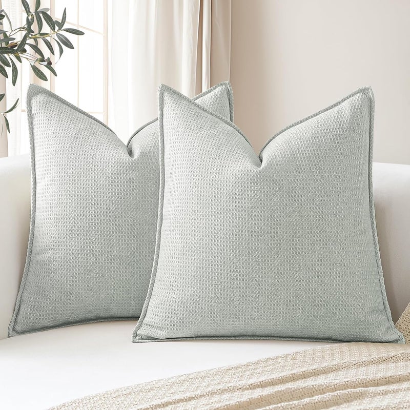 Sungeek Decorative Cushion Covers 50x50cm Set of 2 Soft Plaid Cushion Cases with Stitched Edge Boho Farmhouse Home Decor Throw Pillow Covers for Sofa Couch Patio Bedroom Living Room, Grey - Image 1