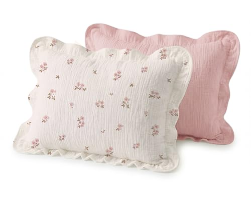 Wimist Muslin Ruffled Toddler Pillowcases 13"x18" 2 Pack, Soft, Breathable Muslin Cotton Travel Pillow Covers with Envelope Closure for Baby Boys, Girls & Kids (Vintage Blossom-Ruffled, 13 x 18 Inch) - Image 1