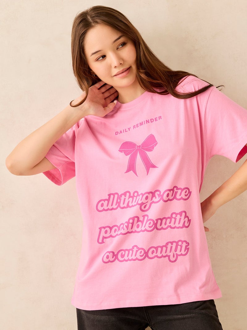 OUTZIDR Pink Crew Neck Graphic T-Shirt - Image 1