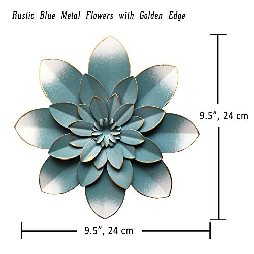 Picfarce Blue Metal Flower Wall Art Decor, 9.5“ Rustic Modern Floral Sculpture, Distressed Hanging Home Decoration Accent Artworks for Indoor Bedroom Living Room Office Outdoor Garden Patio - Image 3