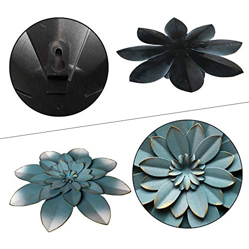 Picfarce Blue Metal Flower Wall Art Decor, 9.5“ Rustic Modern Floral Sculpture, Distressed Hanging Home Decoration Accent Artworks for Indoor Bedroom Living Room Office Outdoor Garden Patio - Image 2