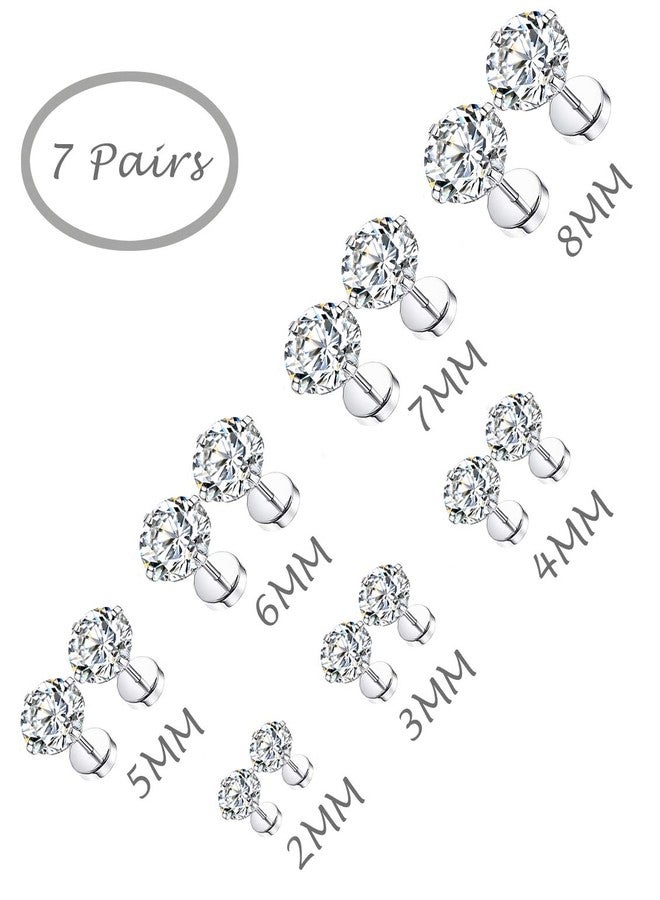 تورنيتو طقم أقراط تورنيتو مكون من 7 أزواج من الفولاذ المقاوم للصدأ عيار 20، مرصعة بأحجار الزركونيا المكعبة المستديرة، مناسب للرجال والنساء، مقاسات من 2 مم إلى 8 مم - Image 3