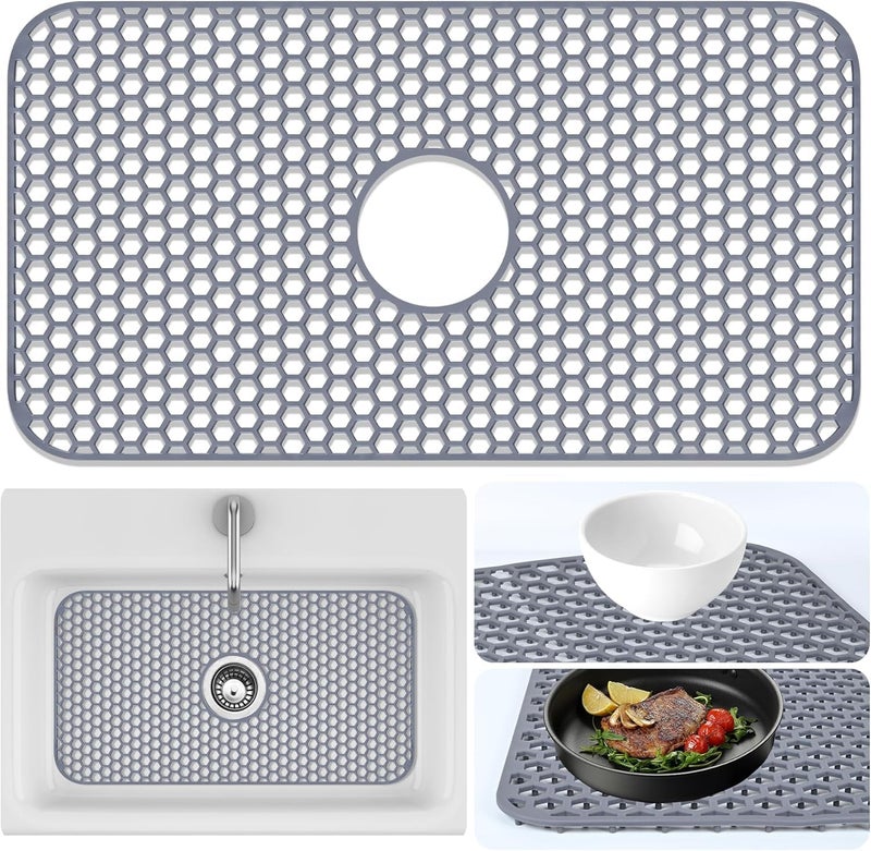 Inchoco Sink Protectors Mat - 25.79"x13.98" Kitchen Sink Pad for Bottom of Basin for Protection of Stainless Steel and Tableware, Farmhouse Rubber Basin Mat Protector with Center Drain - Light Gray - Image 1