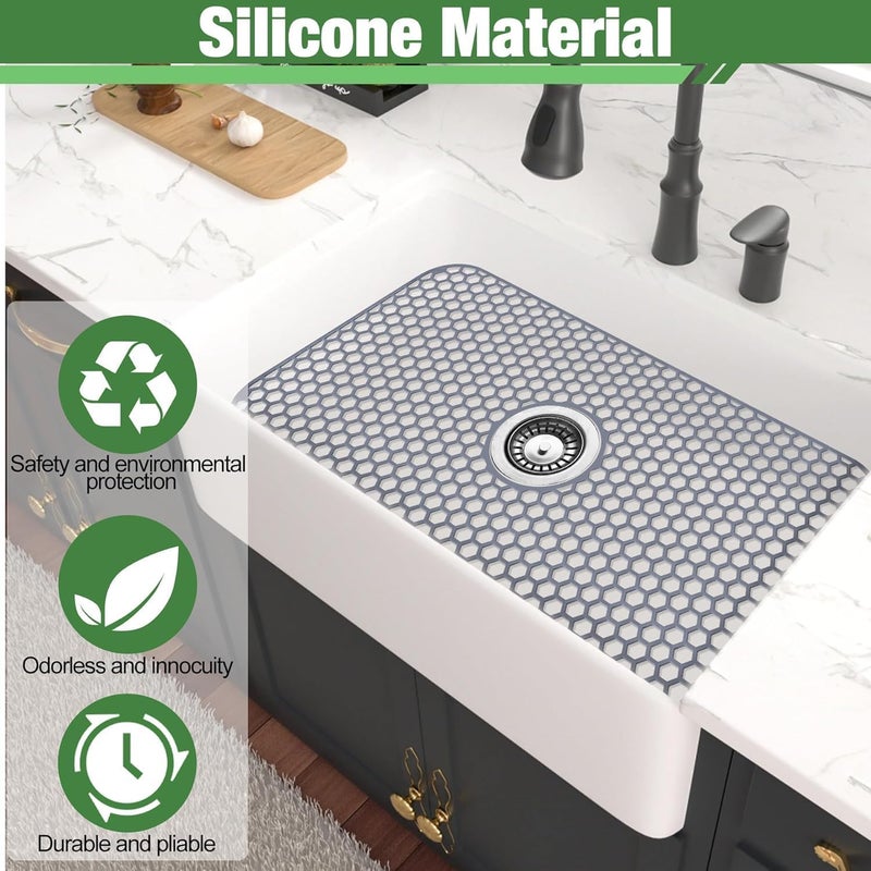 Inchoco Sink Protectors Mat - 25.79"x13.98" Kitchen Sink Pad for Bottom of Basin for Protection of Stainless Steel and Tableware, Farmhouse Rubber Basin Mat Protector with Center Drain - Light Gray - Image 4
