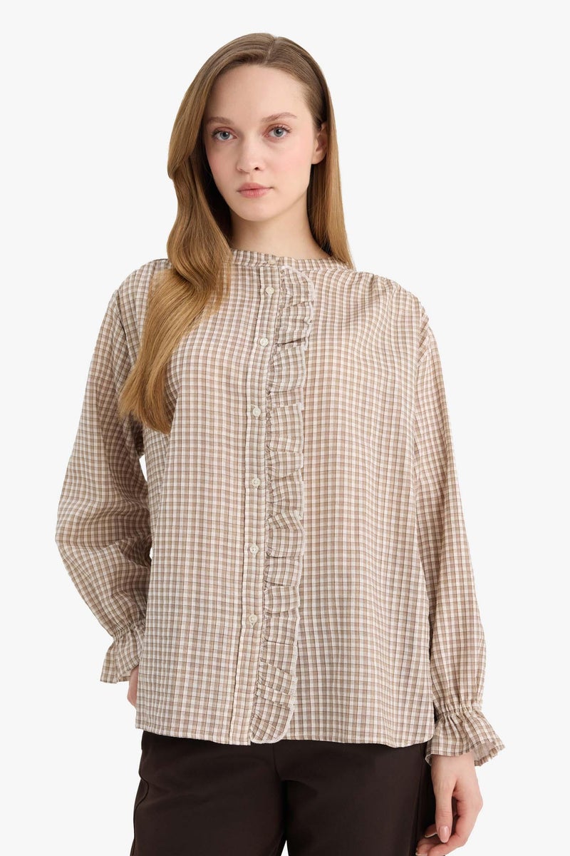 DeFacto Beige Woman Regular Fit Plaid Long Sleeve Tunic Casual - Image 4
