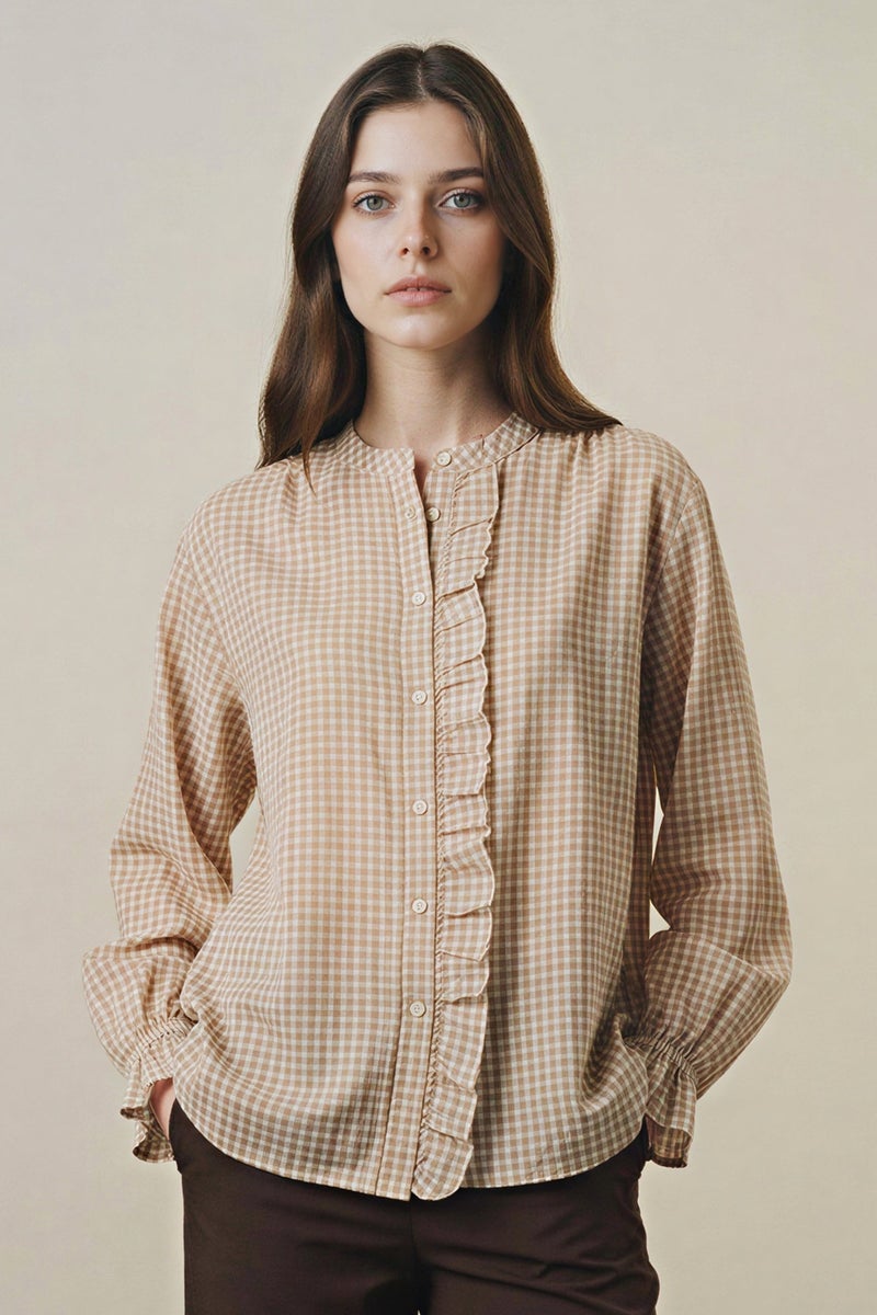 DeFacto Beige Woman Regular Fit Plaid Long Sleeve Tunic Casual - Image 1