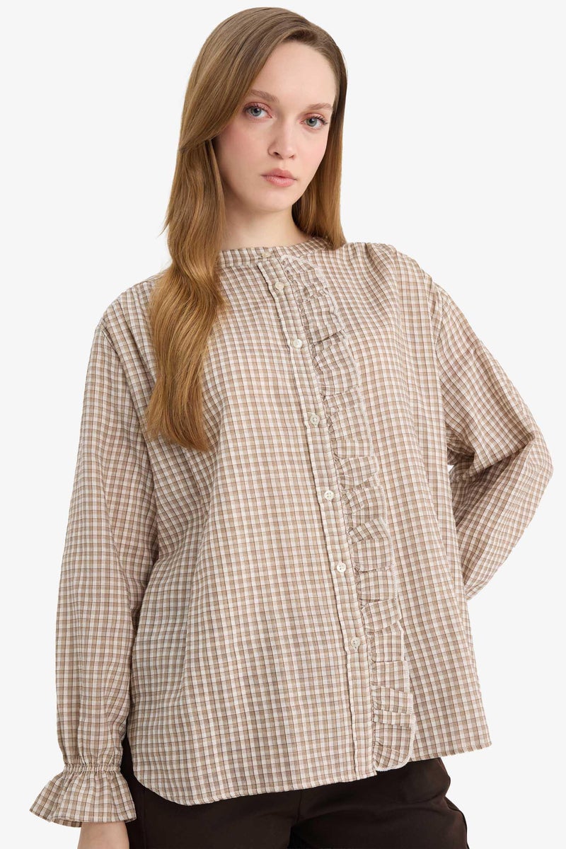 DeFacto Beige Woman Regular Fit Plaid Long Sleeve Tunic Casual - Image 2