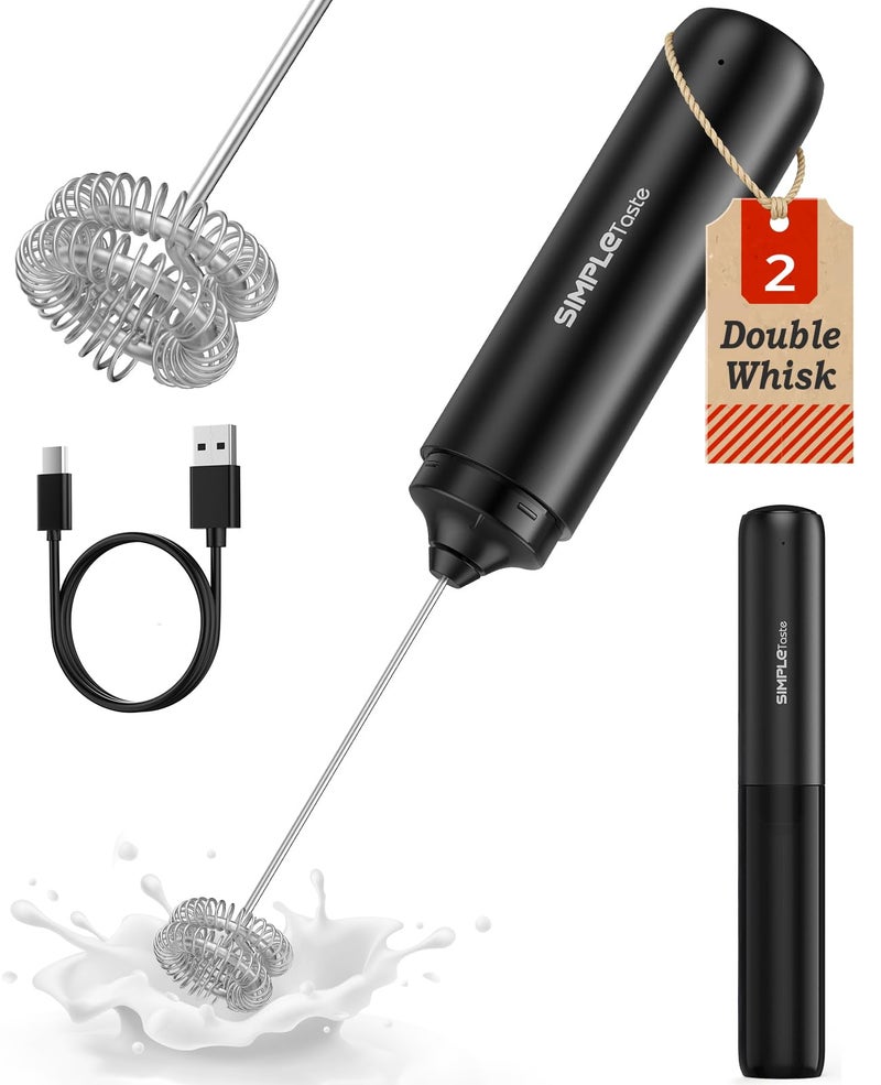 SIMPLETASTE Milk Frother Handheld Electric Foam Maker, Drink Mixer with Stainless Steel Whisk for Cappuccino, Bulletproof Coffee, Latte, Black, without Stand, USB-C Rechargeable - Image 1