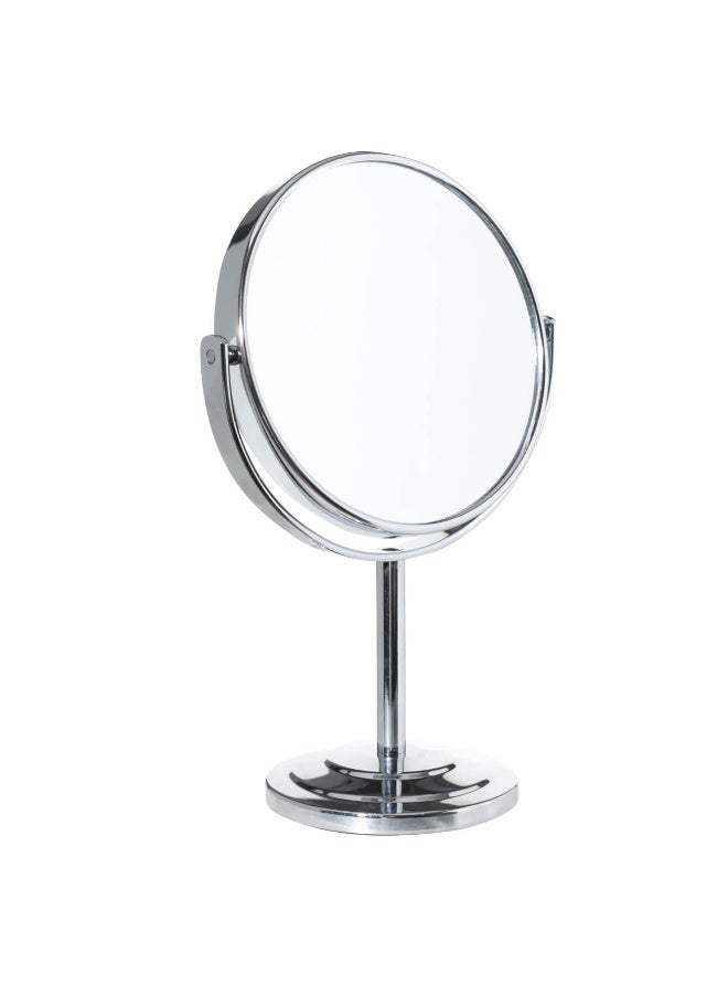 مرآة مكبرة مزدوجة الجوانب ودوران 360 عادي، مرآة تجميل كروم مع قاعدة بارتفاع 5 بوصات، مرآة مكبرة للتزيين بمستويي تكبير 1X و 5X على قاعدة للاستخدام في غرفة النوم والحمام، قابلة للوقوف بذاتها - Image 1