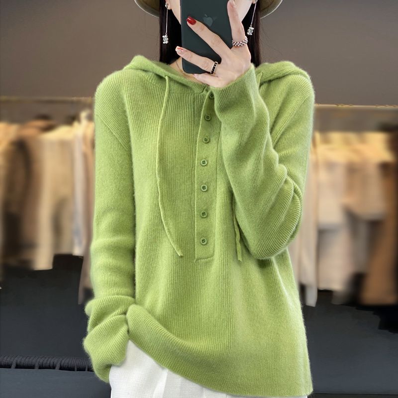 2024 New Autumn and Winter Cashmere Hoodie Womens Hooded Drawstring Buttoned Pullover Sweater Wool Knitted Bottoming Shirt Shrimp pink - Image 3