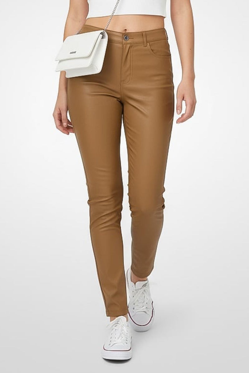 INC Women Regular Fit Leather Skinny Leg Pants, Brown - Image 1