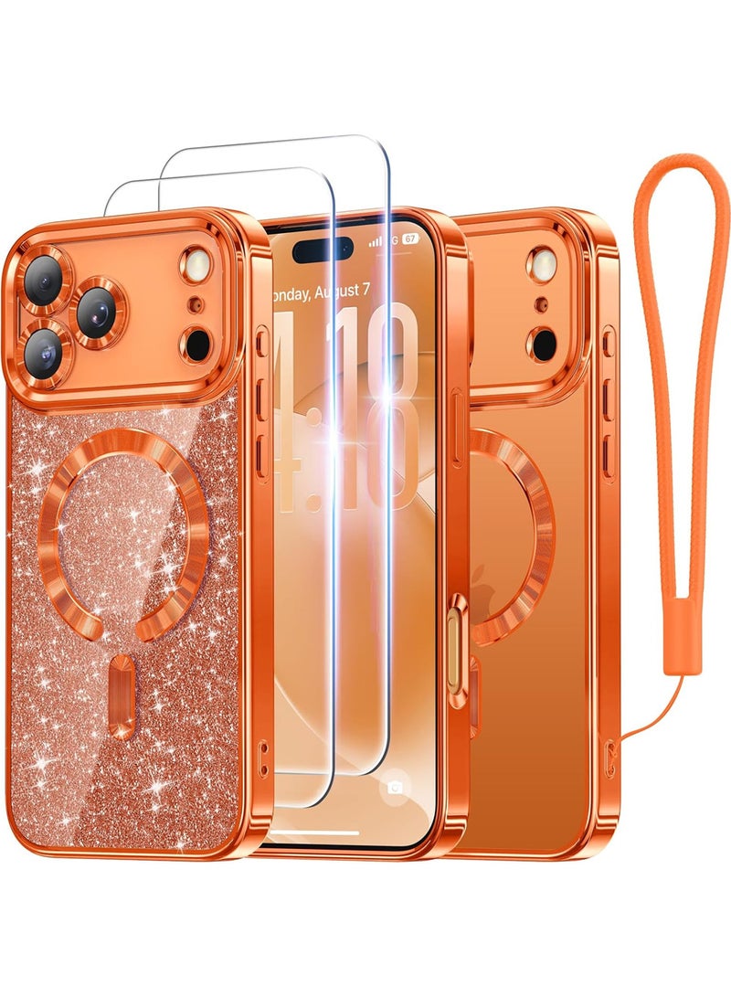 X-level iPhone 17 Pro Max Case, With MagSafe, Full Camera Lens Protector, Plating Glossy Cover Magnetic Back with Glitter Card, Screen Protector, Wrist Strap, Anti-Yellow DropProtective Shockproof Back, Phone Accessories -Orange - Image 1