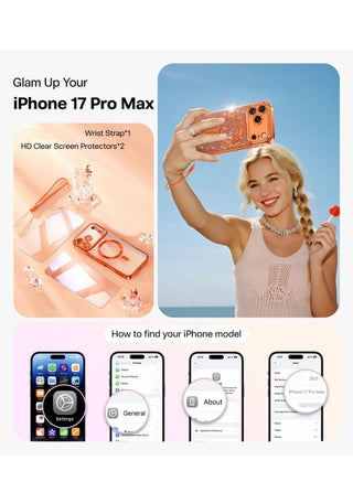 iPhone 17 Pro Max Case, With MagSafe, Full Camera Lens Protector, Plating Glossy Cover Magnetic Back with Glitter Card, Screen Protector, Wrist Strap, Anti-Yellow DropProtective Shockproof Back, Phone Accessories -Orange - view 2