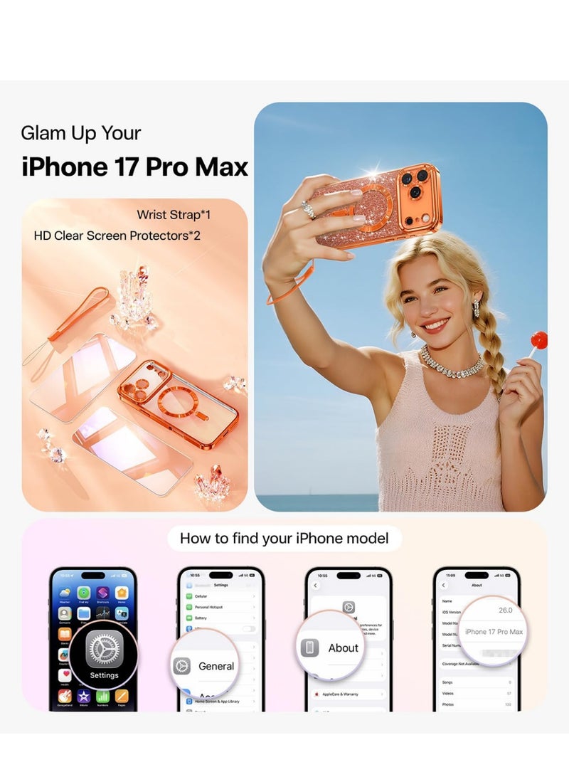 X-level iPhone 17 Pro Max Case, With MagSafe, Full Camera Lens Protector, Plating Glossy Cover Magnetic Back with Glitter Card, Screen Protector, Wrist Strap, Anti-Yellow DropProtective Shockproof Back, Phone Accessories -Orange - Image 2