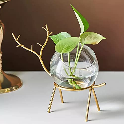 Lavish Craft Desktop Deer Plant Vases Small Glass Flower Vase with Gold Metal Stand Propagation Station Plant Holder Glass Planter Holder Deer for Home Wedding Decor (A+B Set) - Image 5