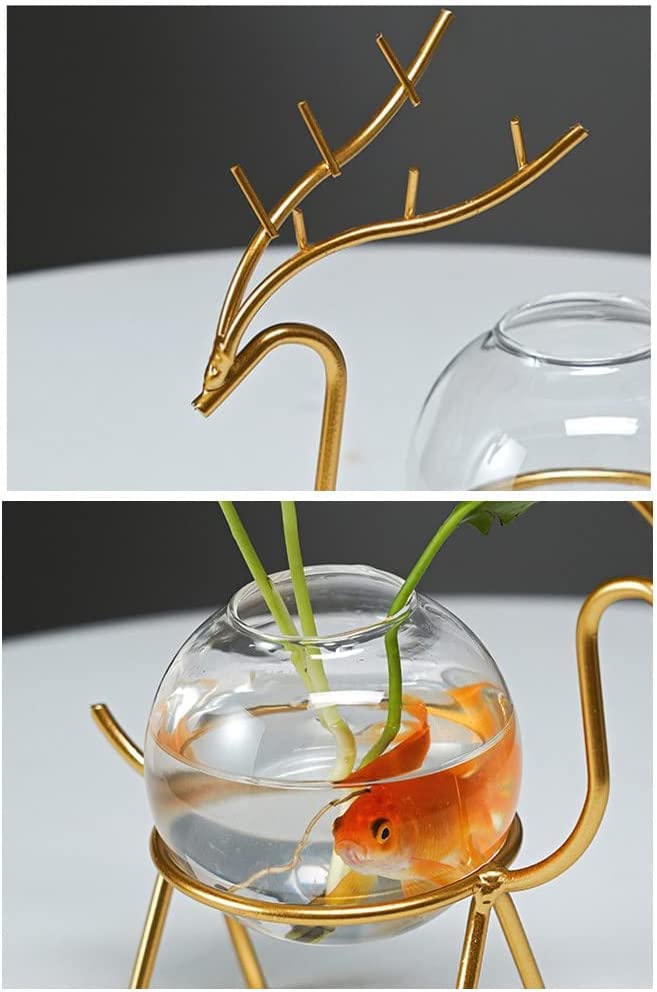 Lavish Craft Desktop Deer Plant Vases Small Glass Flower Vase with Gold Metal Stand Propagation Station Plant Holder Glass Planter Holder Deer for Home Wedding Decor (A+B Set) - Image 3