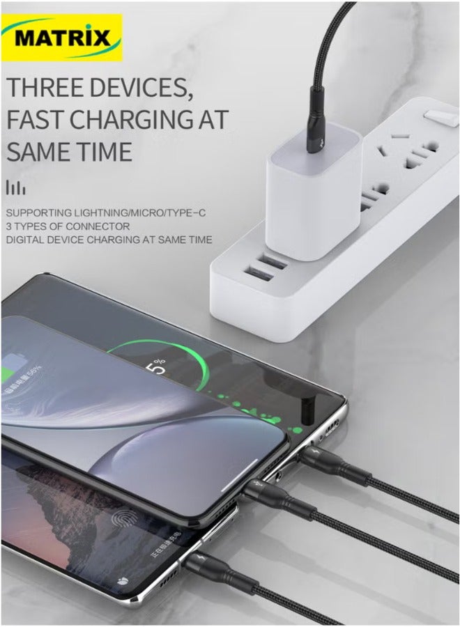 MATRIX MX850 Fast Charging 3-in-1 (Lighting, Type-C and Micro) With Type-C Input | Charging Cable - 1.2M Cable Length - Black  - Image 2