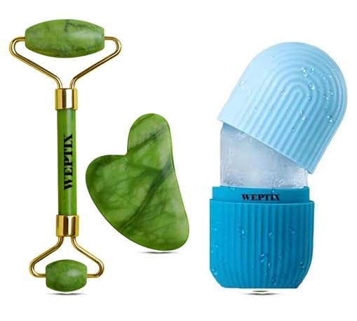 WEPTIX® 3D Manual Roller Face Body Massager With And Anti Aging 100% Natural Jade Stone Roller Msagger With Gua Sha Tools for Face and Body Massager- (NEW blue+Stone) - Image 1