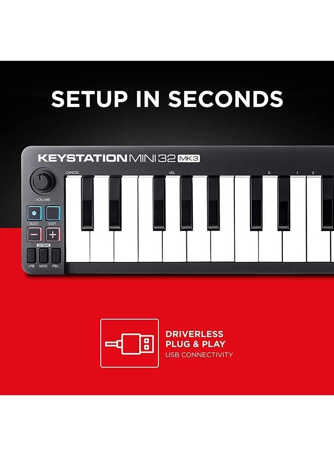 M-Audio Keystation Mini 32 MK3 - وحدة تحكم لوحة مفاتيح USB MIDI مع 32 مفتاحًا صغيرًا حساسًا للسرعة وبرنامج تسجيل متضمن - Image 3