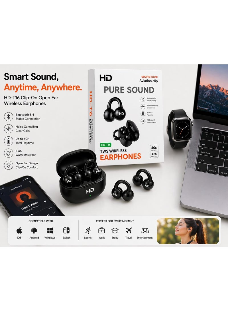أتش دي سماعات أذن لاسلكية مفتوحة من HD-T16 بمشبك للأذن، بلوتوث 5.4 | بطارية تدوم 42 ساعة | ميكروفون بخاصية إلغاء الضوضاء ENC | سماعات رياضية مريحة للجري والتمارين | متوافقة مع أجهزة iPhone وAndroid - Image 3